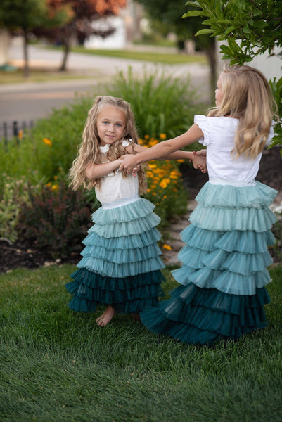 Kids Teal Ombre Tiered Tulle Fancy Party Skirt