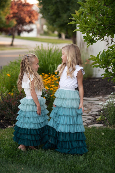 Kids Teal Ombre Tiered Tulle Fancy Party Skirt