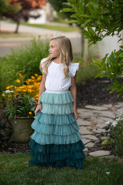 Kids Teal Ombre Tiered Tulle Fancy Party Skirt