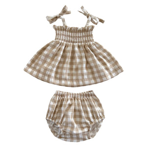 Organic Smocked Set - Tan Gingham