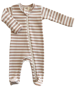 Organic Ribbed Zip Footie - Tan Stripe