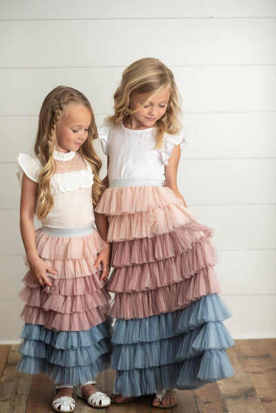 Dusty Pink & Blue Ombre Tiered Tulle Fancy Party Skirt