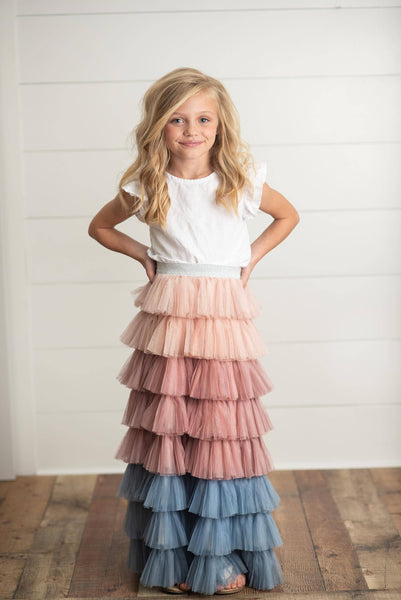 Dusty Pink & Blue Ombre Tiered Tulle Fancy Party Skirt