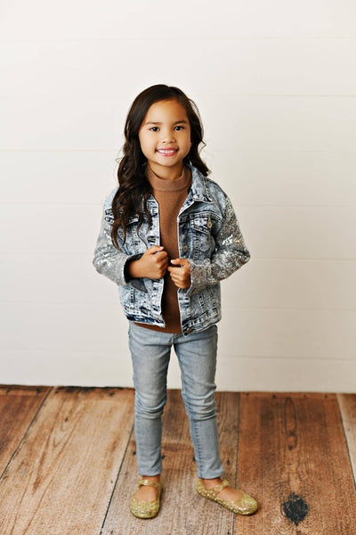 Silver Sequin & Light Wash Denim Button Pocket Jacket