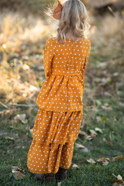 Kids Mustard Polka Dot Tiered Bow Fall Maxi Dress