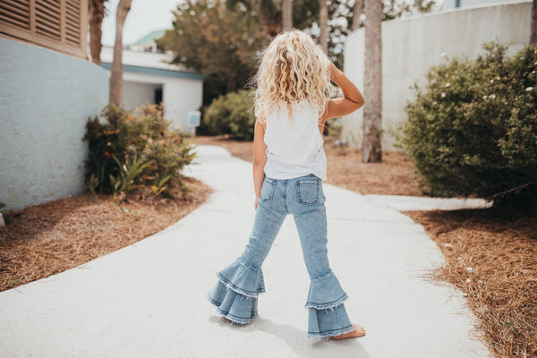 Light Wash Denim Double Ruffle Jeans Pants