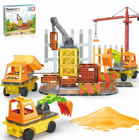 PicassoTiles Magnet Tile Brick Block 5-in-1 Construction Vehicle w/Accessories