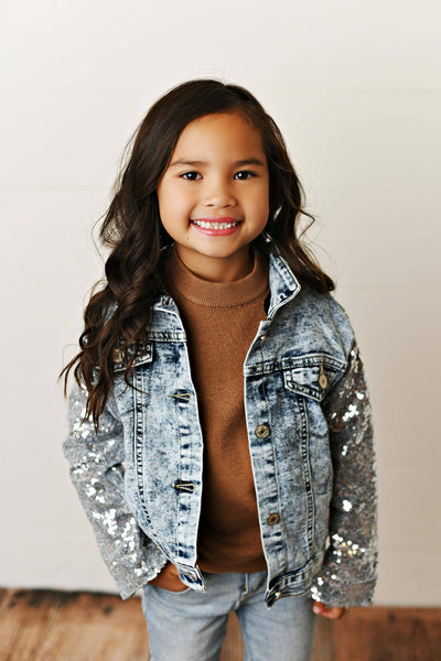 Silver Sequin & Light Wash Denim Button Pocket Jacket