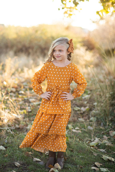 Kids Mustard Polka Dot Tiered Bow Fall Maxi Dress