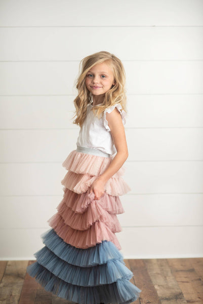 Dusty Pink & Blue Ombre Tiered Tulle Fancy Party Skirt