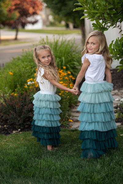 Kids Teal Ombre Tiered Tulle Fancy Party Skirt