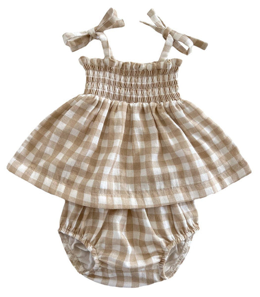 Organic Smocked Set - Tan Gingham