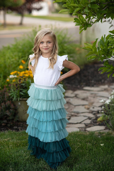 Kids Teal Ombre Tiered Tulle Fancy Party Skirt