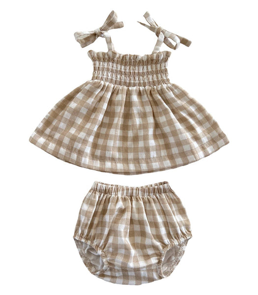 Organic Smocked Set - Tan Gingham