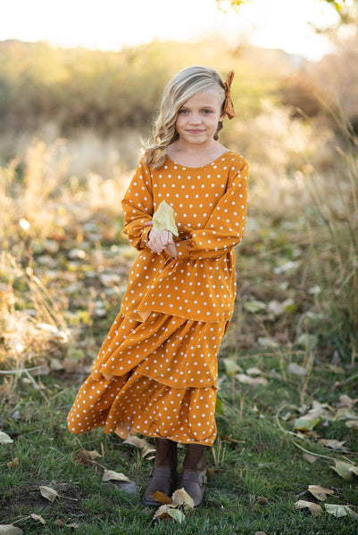 Kids Mustard Polka Dot Tiered Bow Fall Maxi Dress