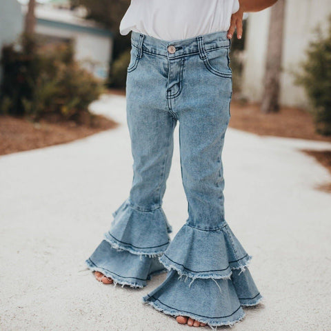 Light Wash Denim Double Ruffle Jeans Pants