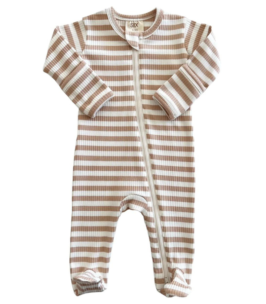 Organic Ribbed Zip Footie - Tan Stripe