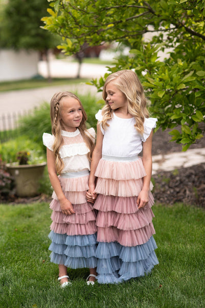 Dusty Pink & Blue Ombre Tiered Tulle Fancy Party Skirt