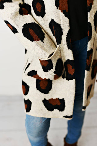 Leopard Print Long Sleeve Cardigan Pocket Sweater