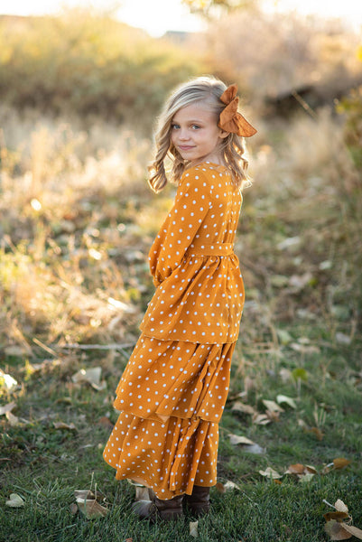 Kids Mustard Polka Dot Tiered Bow Fall Maxi Dress