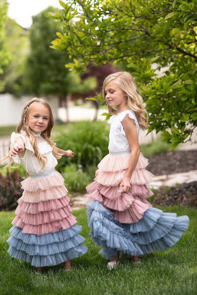 Dusty Pink & Blue Ombre Tiered Tulle Fancy Party Skirt