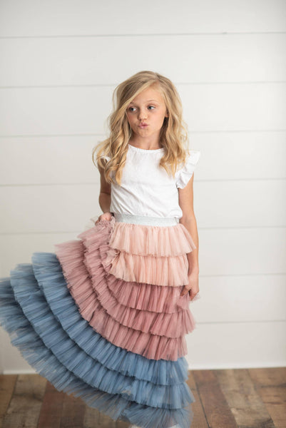 Dusty Pink & Blue Ombre Tiered Tulle Fancy Party Skirt