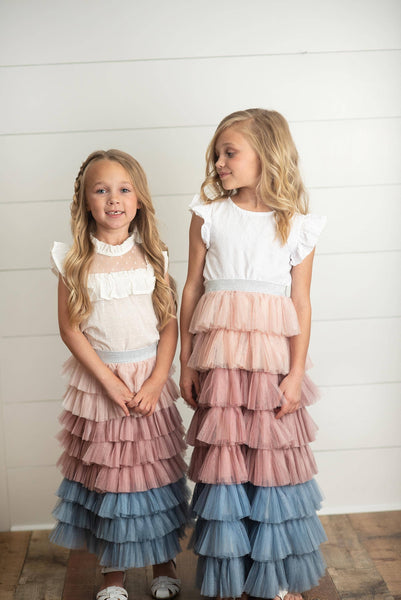 Dusty Pink & Blue Ombre Tiered Tulle Fancy Party Skirt