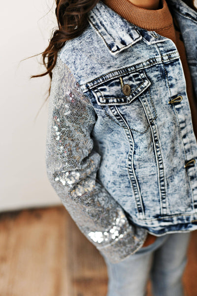 Silver Sequin & Light Wash Denim Button Pocket Jacket