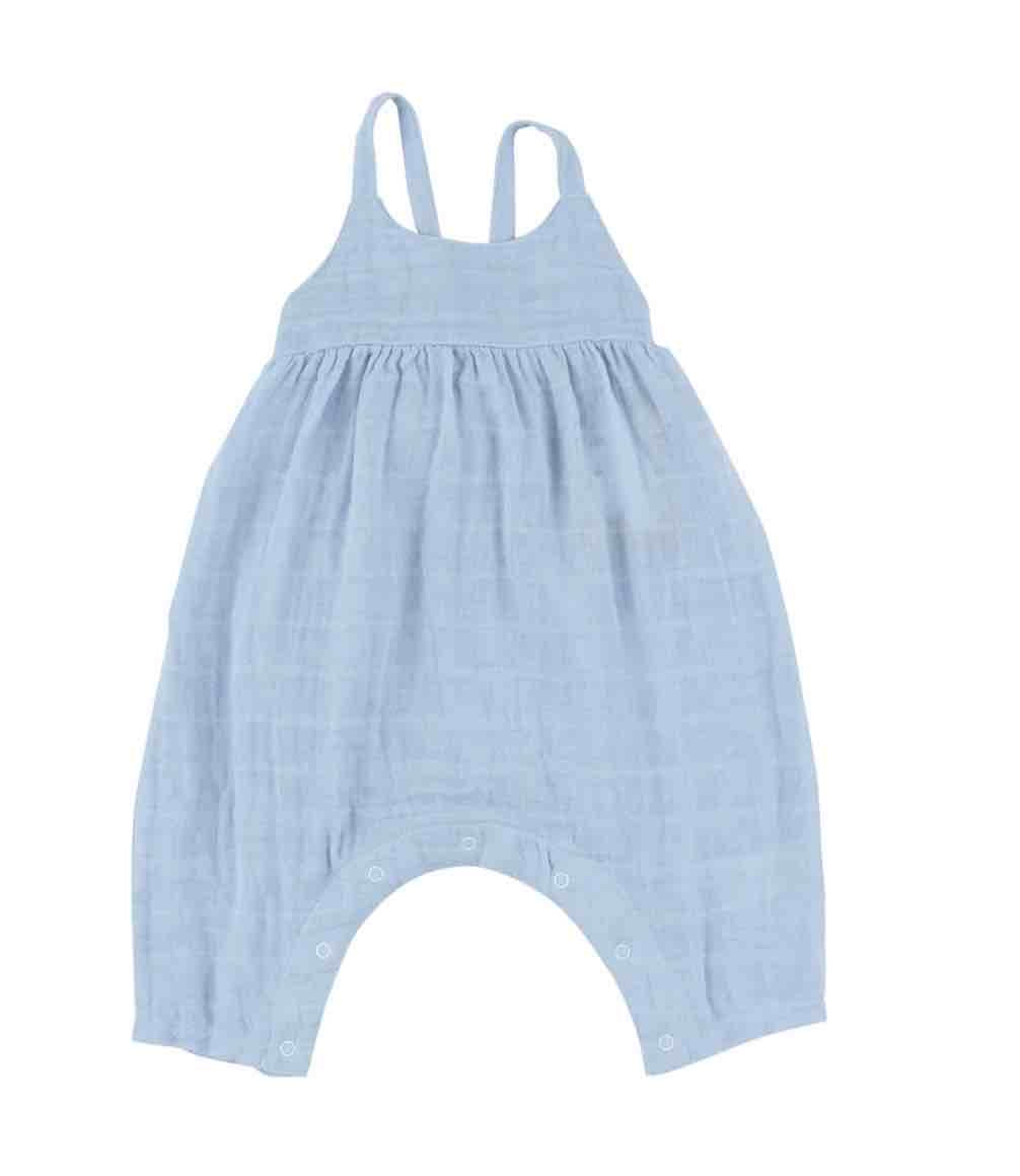 Tie Back Romper - Dusty Blue Solid Muslin