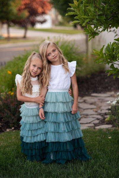 Kids Teal Ombre Tiered Tulle Fancy Party Skirt