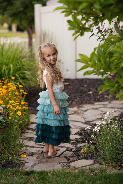 Kids Teal Ombre Tiered Tulle Fancy Party Skirt