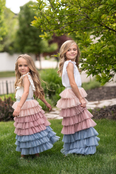 Dusty Pink & Blue Ombre Tiered Tulle Fancy Party Skirt