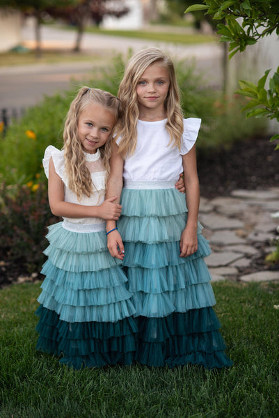 Kids Teal Ombre Tiered Tulle Fancy Party Skirt