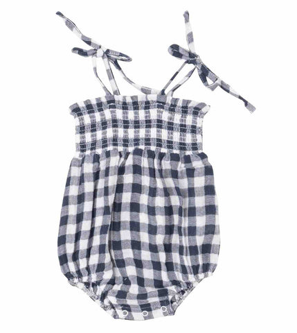 Tie Strap Smocked Bubble, Gingham Navy