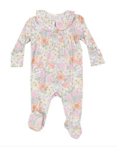 Smocked Peter Pan Footie - Peonies & Roses