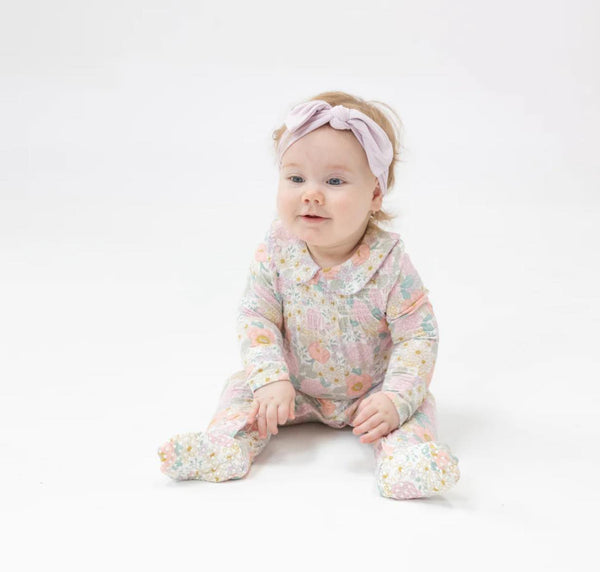 Smocked Peter Pan Footie - Peonies & Roses