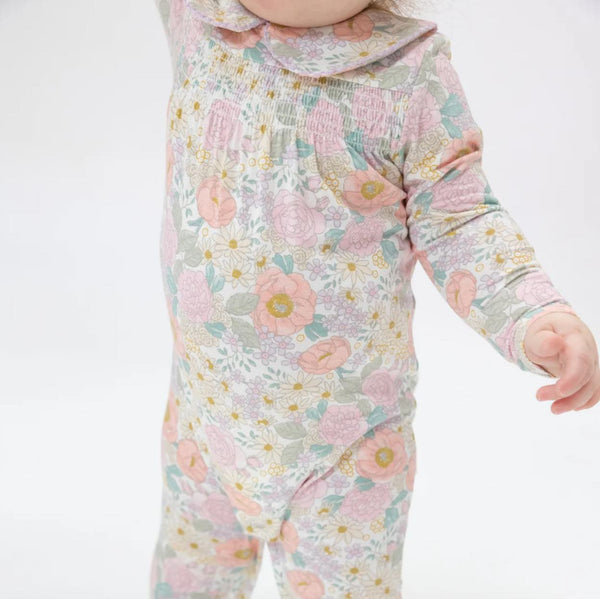 Smocked Peter Pan Footie - Peonies & Roses