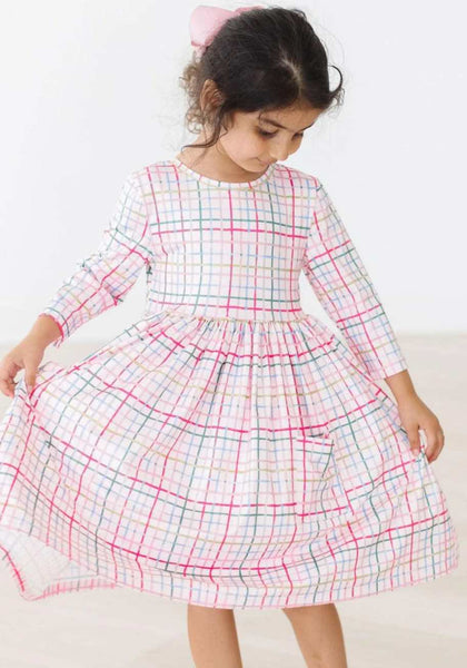 Pink Plaid 3/4 Sleeve Pocket Twirl Dress