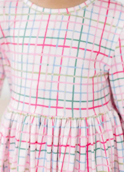 Pink Plaid 3/4 Sleeve Pocket Twirl Dress