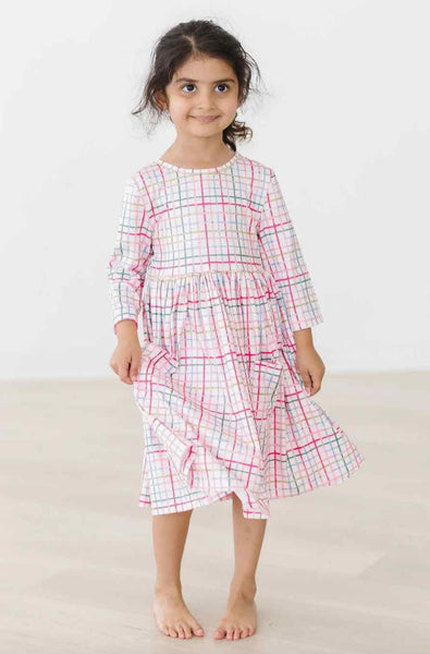 Pink Plaid 3/4 Sleeve Pocket Twirl Dress