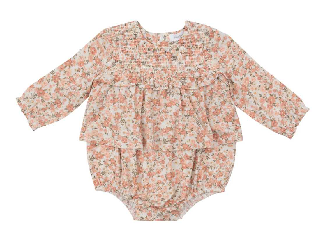 L/S Smocked Ruffle Bubble w/ Skirt - Sweet Rose Calico