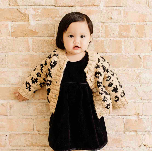 Cheetah Cardigan, Latte/Black | Hand Knit Kids Sweater